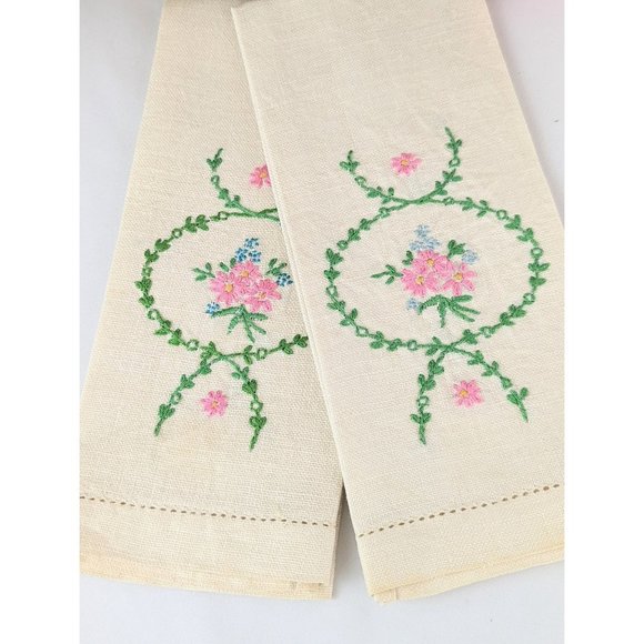 Pair of Embroidered Linen Tea Towels Vintage Cream Linen Hand Towels Pink Floral - Picture 8 of 10